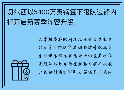 切尔西以5400万英镑签下狼队边锋内托开启新赛季阵容升级