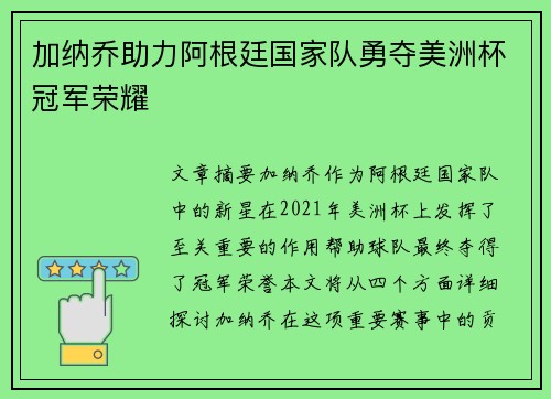 加纳乔助力阿根廷国家队勇夺美洲杯冠军荣耀