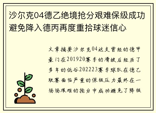 沙尔克04德乙绝境抢分艰难保级成功避免降入德丙再度重拾球迷信心
